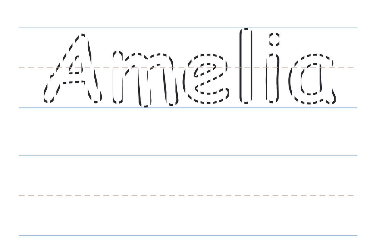 A free printable Amelia name tracing worksheet — the name Amelia in dotted guide letters to trace, with a blank practice line below