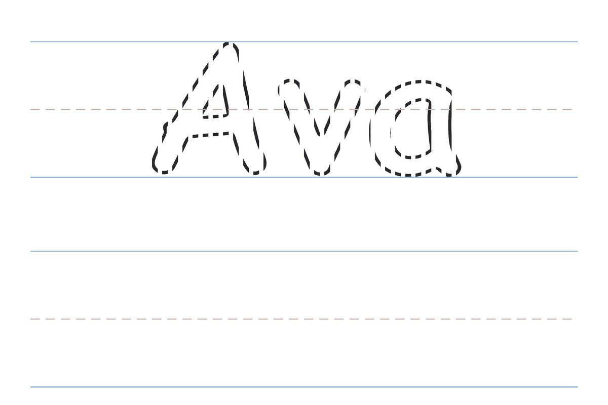 A free printable Ava name tracing worksheet — the name Ava in dotted guide letters to trace, with a blank practice line below