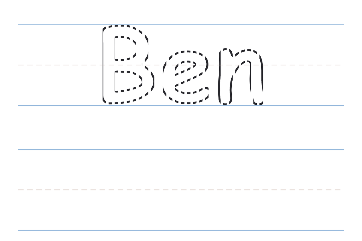 A free printable Ben name tracing worksheet — the name Ben in dotted guide letters to trace, with a blank practice line below