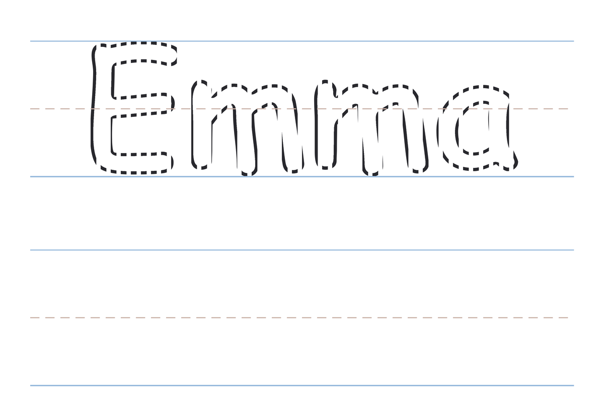 A name tracing worksheet for Emma with dotted guide letters