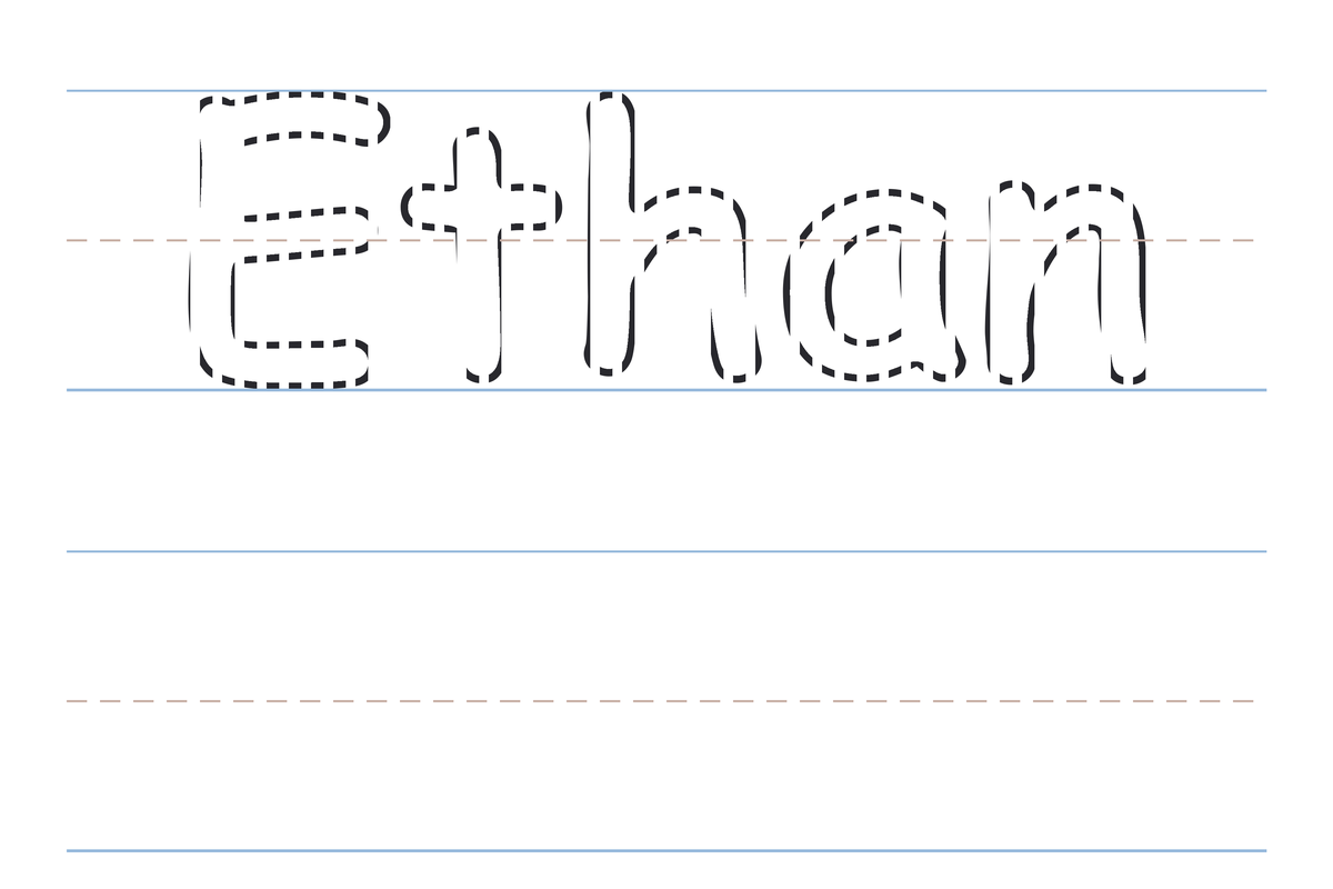 A free printable Ethan name tracing worksheet — the name Ethan in dotted guide letters to trace, with a blank practice line below
