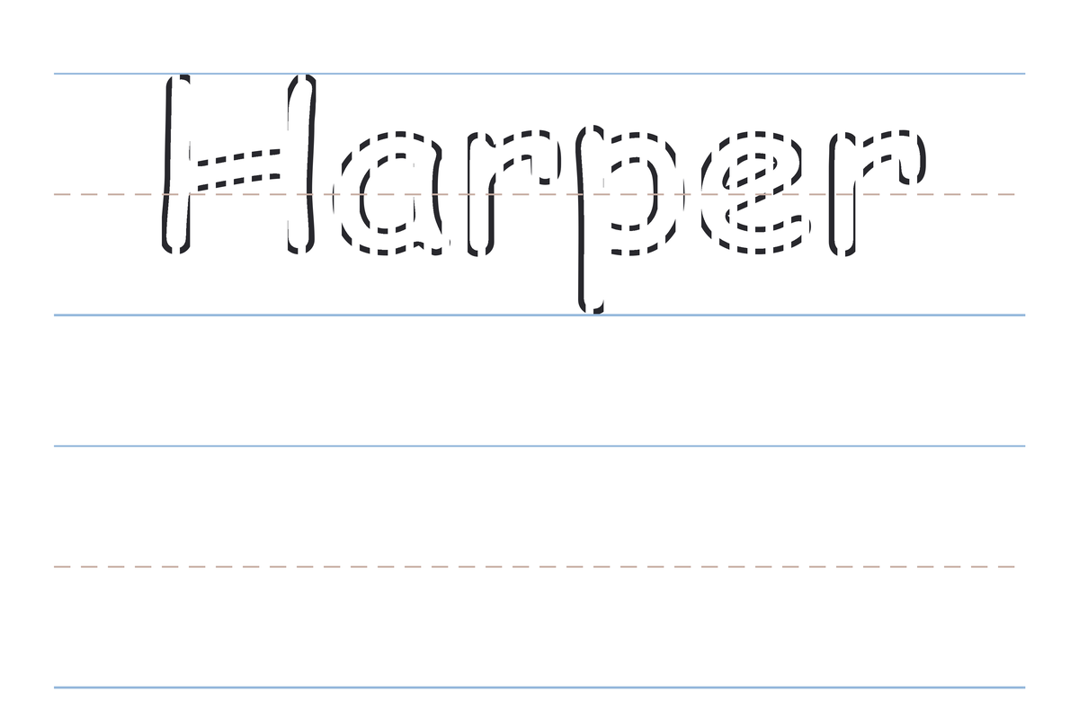 A free printable Harper name tracing worksheet — the name Harper in dotted guide letters to trace, with a blank practice line below