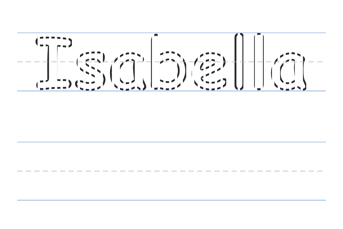A free printable Isabella name tracing worksheet — the name Isabella in dotted guide letters to trace, with a blank practice line below