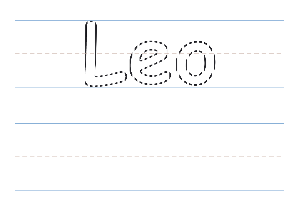 A free printable Leo name tracing worksheet — the name Leo in dotted guide letters to trace, with a blank practice line below