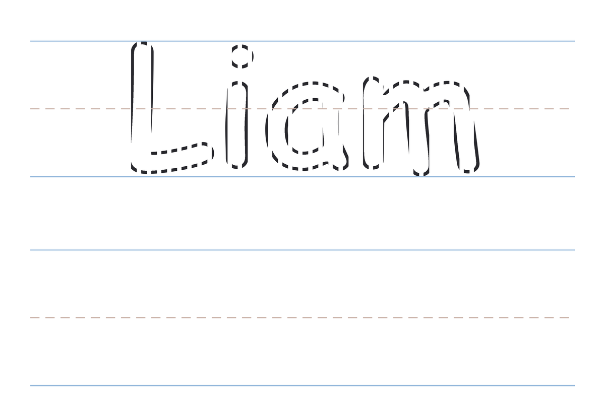 A name tracing worksheet for Liam with dotted guide letters