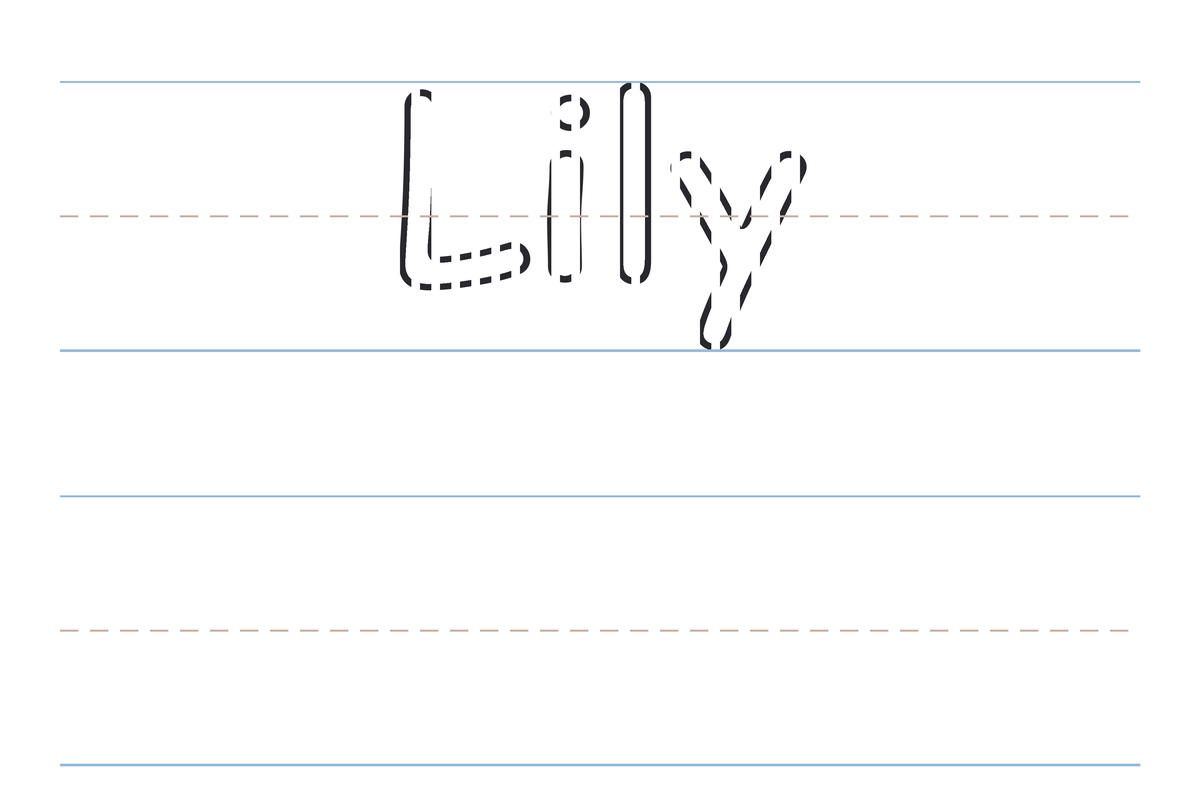 A free printable Lily name tracing worksheet — the name Lily in dotted guide letters to trace, with a blank practice line below
