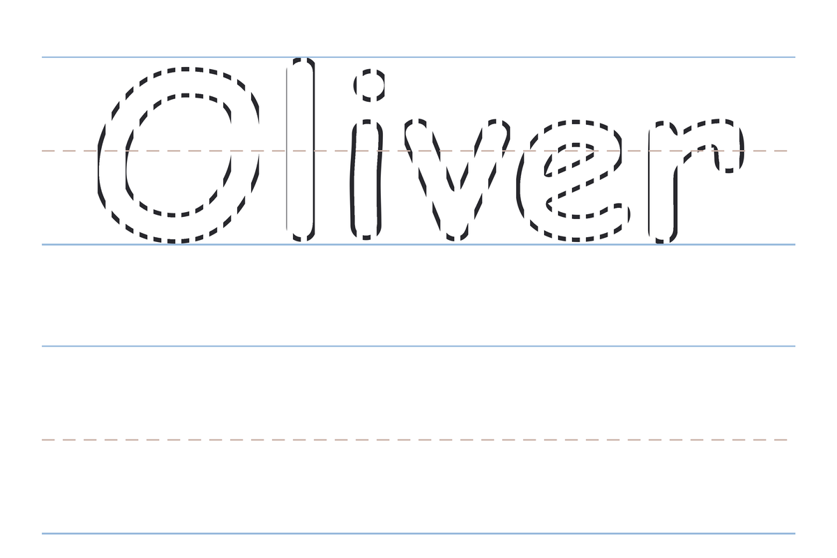 A free printable Oliver name tracing worksheet — the name Oliver in dotted guide letters to trace, with a blank practice line below