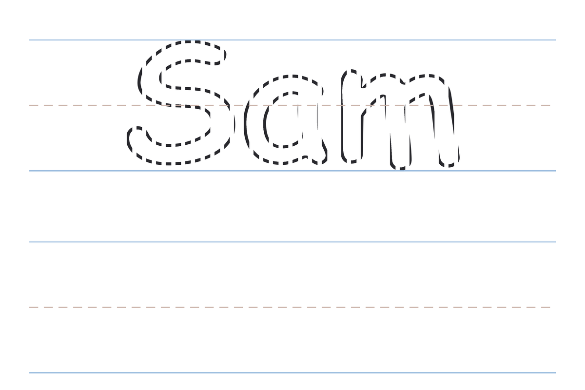 A free printable Sam name tracing worksheet — the name Sam in dotted guide letters to trace, with a blank practice line below