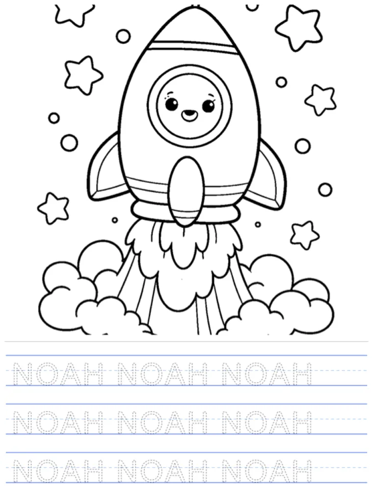 A printable name tracing worksheet: a rocket to color, with the name Noah in dotted letters on handwriting lines