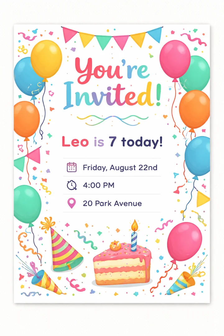 A printable balloons-and-birthday-themed kids' party invitation card
