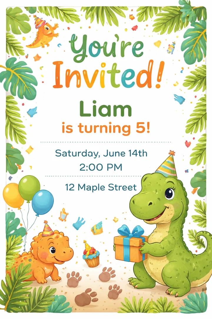A printable dinosaur-themed kids' party invitation card