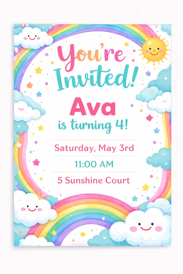 A printable rainbow-themed kids' party invitation card