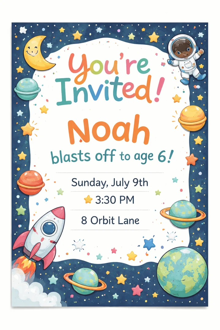 A printable space- and rocket-themed kids' party invitation card