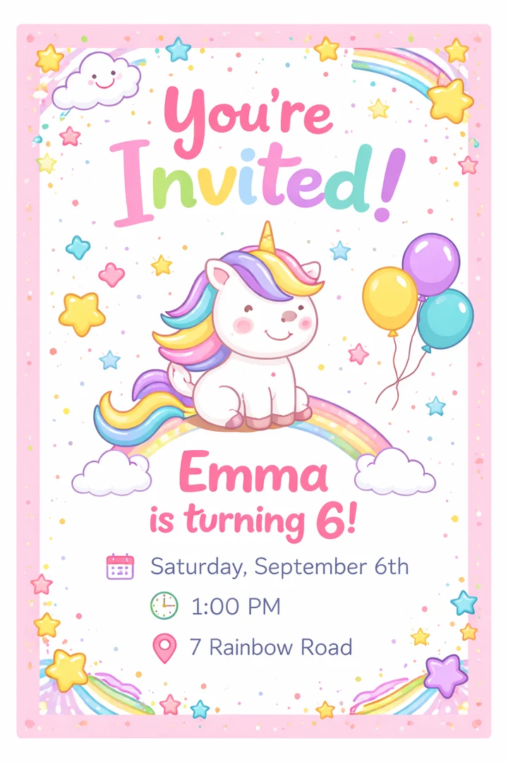 A printable unicorn-themed kids' party invitation card