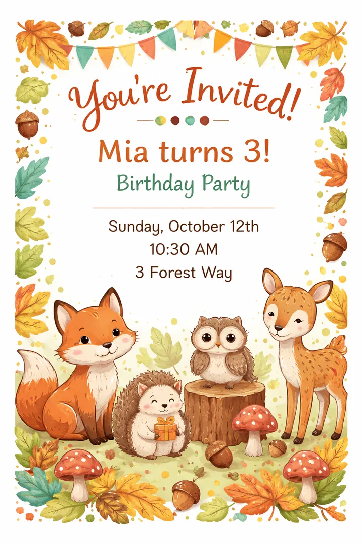 A printable woodland-animals-themed kids' party invitation card