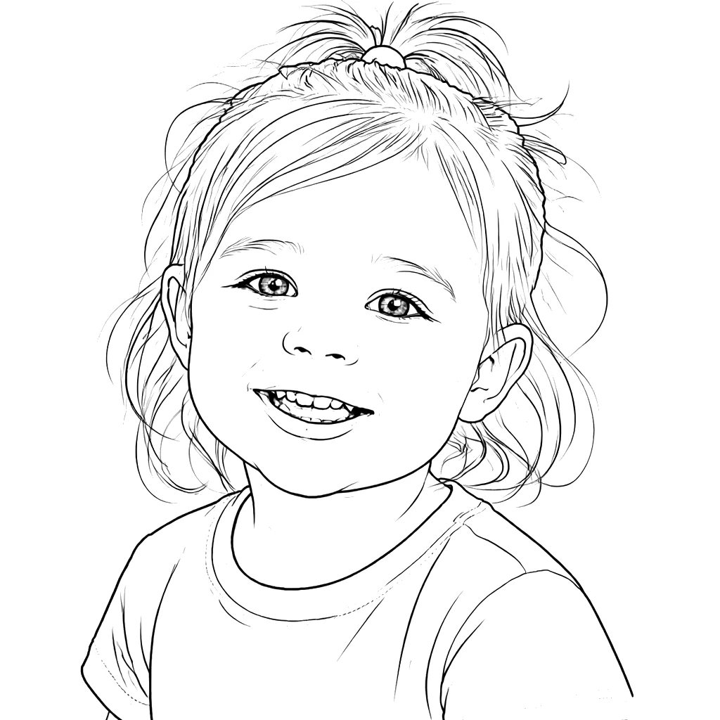 The same toddler converted to clean single-weight black-and-white line art — matched before-and-after