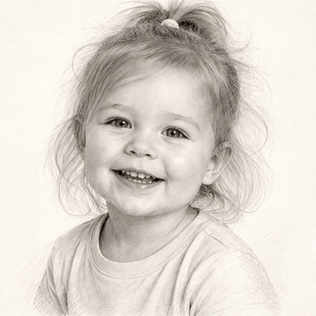The same toddler rendered as a soft hand-drawn graphite pencil sketch