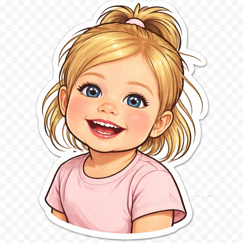 The same toddler rendered as a bold die-cut sticker with a white border