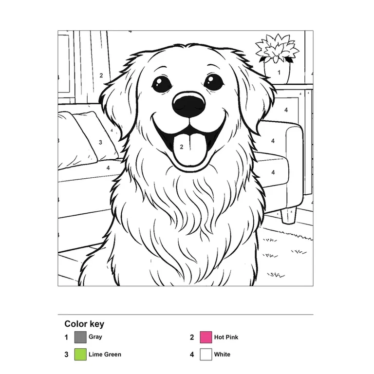 A photo of a dog turned into a color-by-number worksheet with numbered regions and a color key