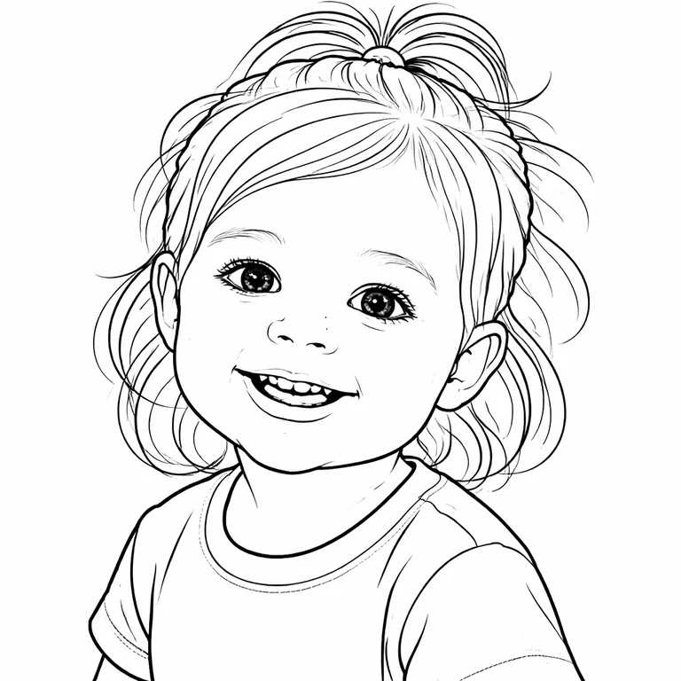 A photo of a toddler turned into a clean black-and-white coloring page