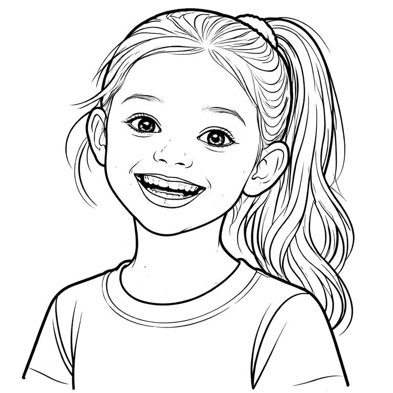 A photo of a girl turned into a clean black-and-white coloring page