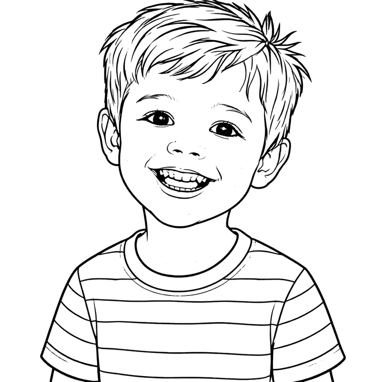 A photo of a boy turned into a clean black-and-white coloring page