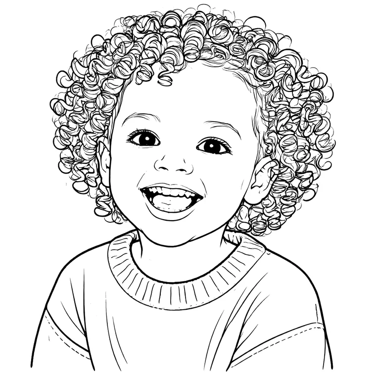 A photo of a curly-haired child turned into a clean black-and-white coloring page