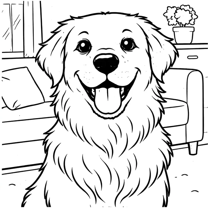 A photo of a dog turned into a clean black-and-white coloring page