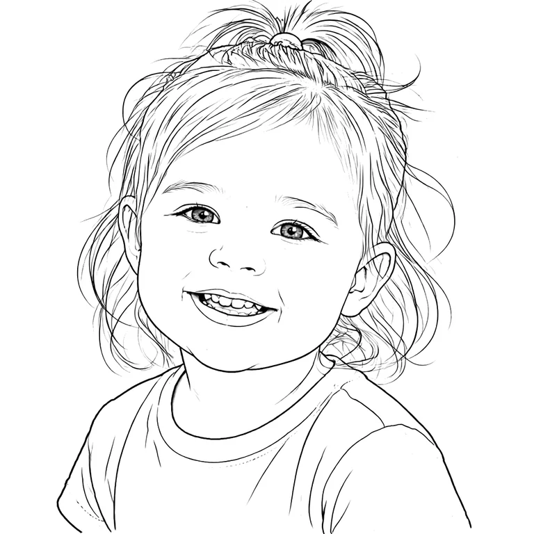 A photo of a toddler converted to clean black-and-white line art