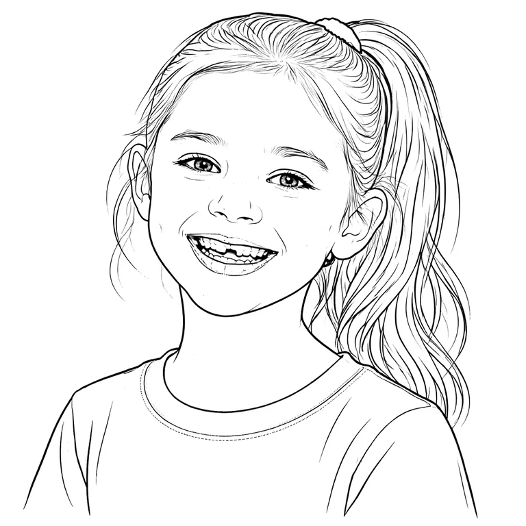 A photo of a girl converted to clean black-and-white line art