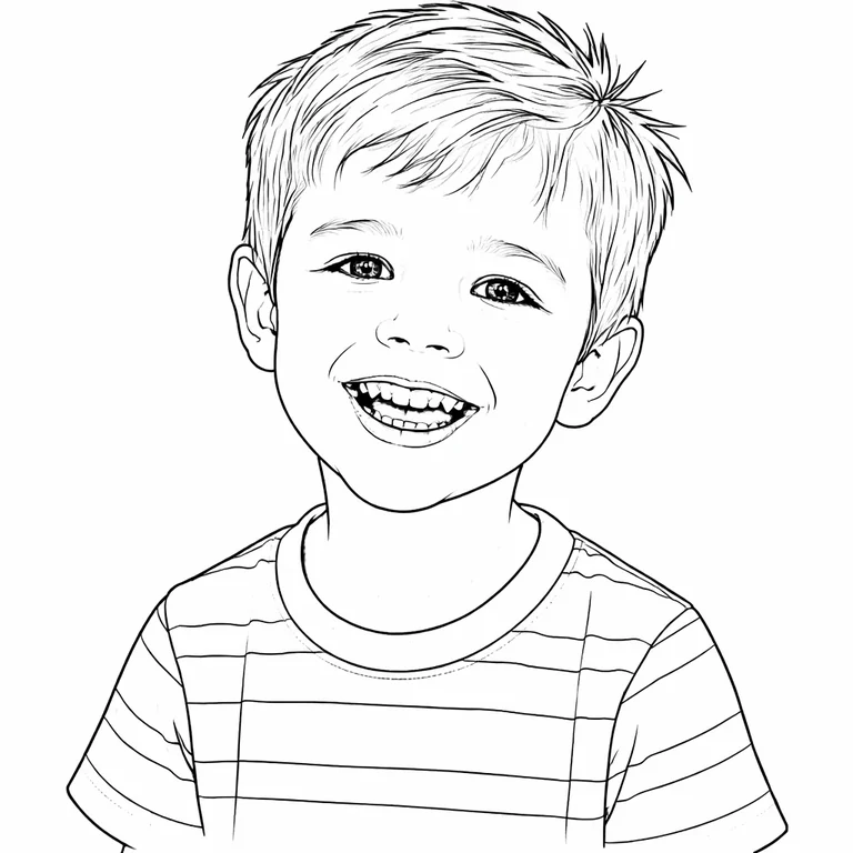 A photo of a boy converted to clean black-and-white line art