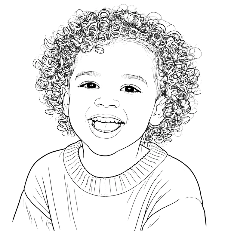 A photo of a curly-haired child converted to clean black-and-white line art