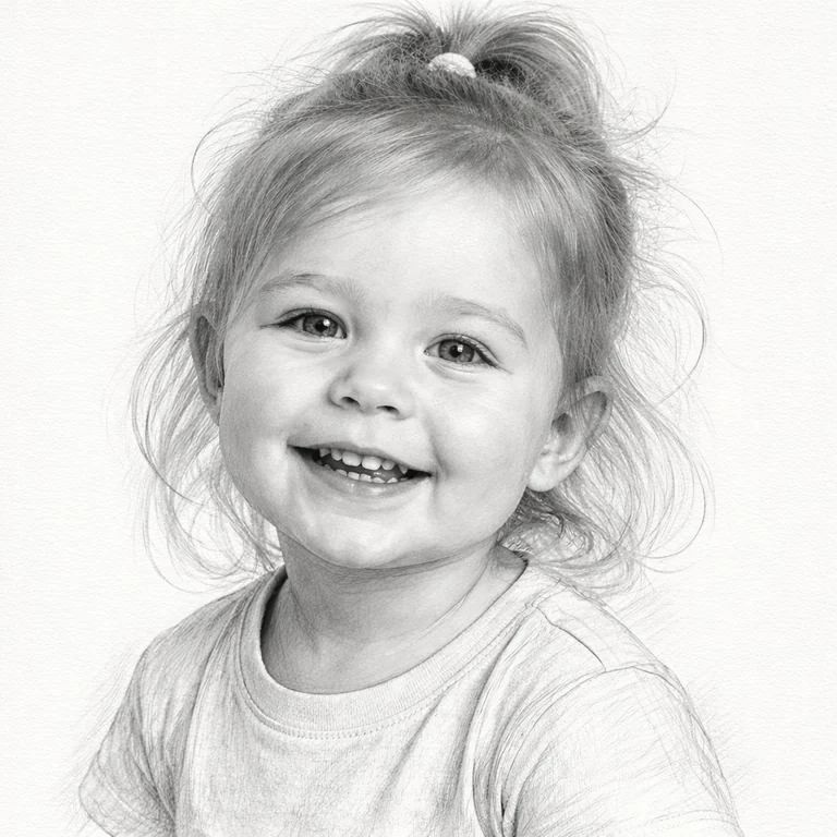 A photo of a toddler rendered as a soft pencil sketch