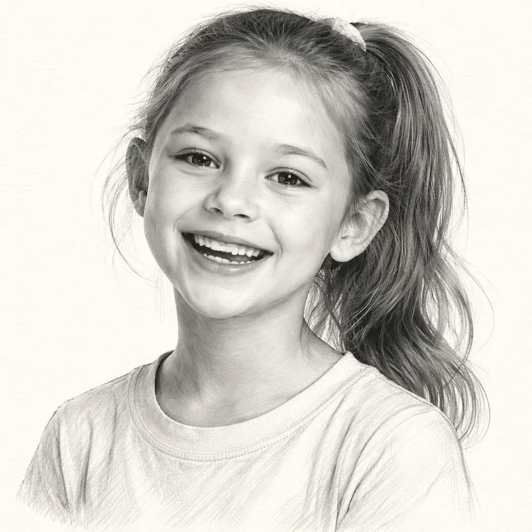 A photo of a girl rendered as a soft pencil sketch