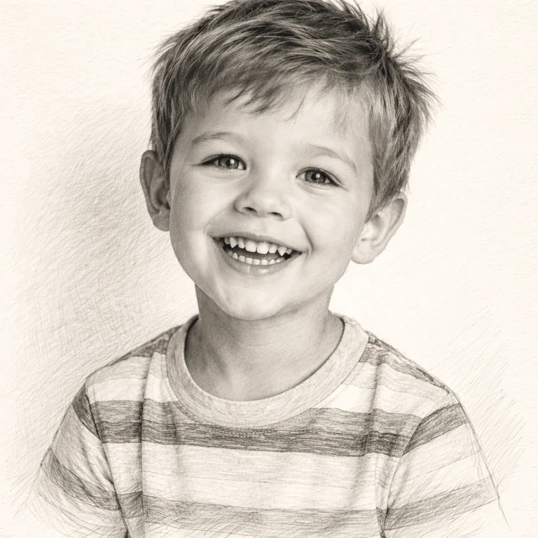 A photo of a boy rendered as a soft pencil sketch