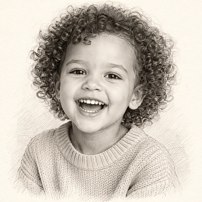 A photo of a curly-haired child rendered as a soft pencil sketch
