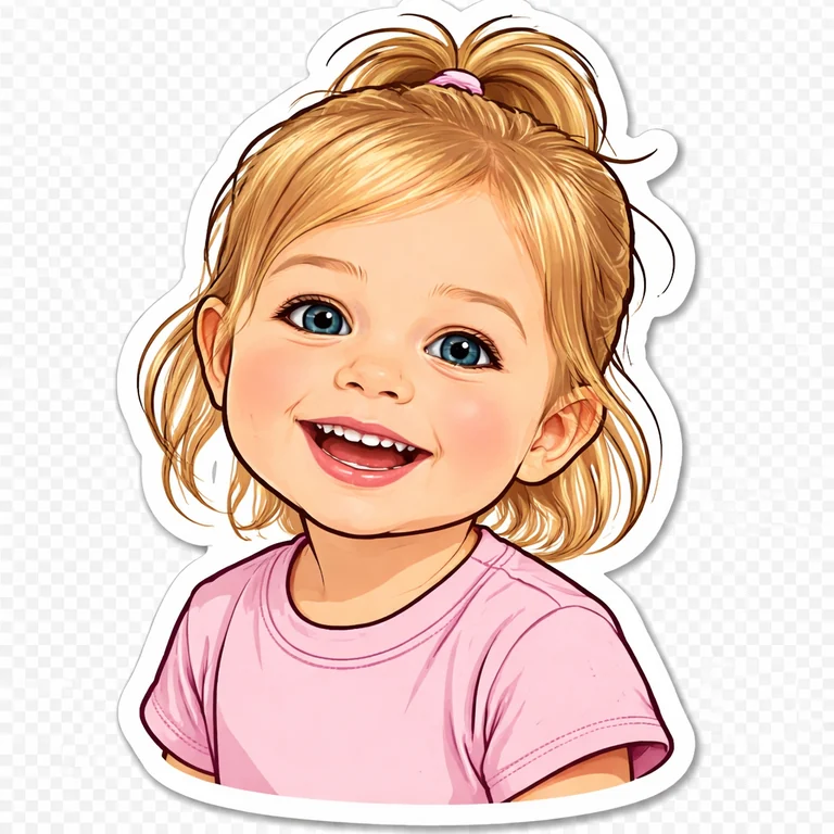 A photo of a toddler turned into a die-cut sticker with a white border