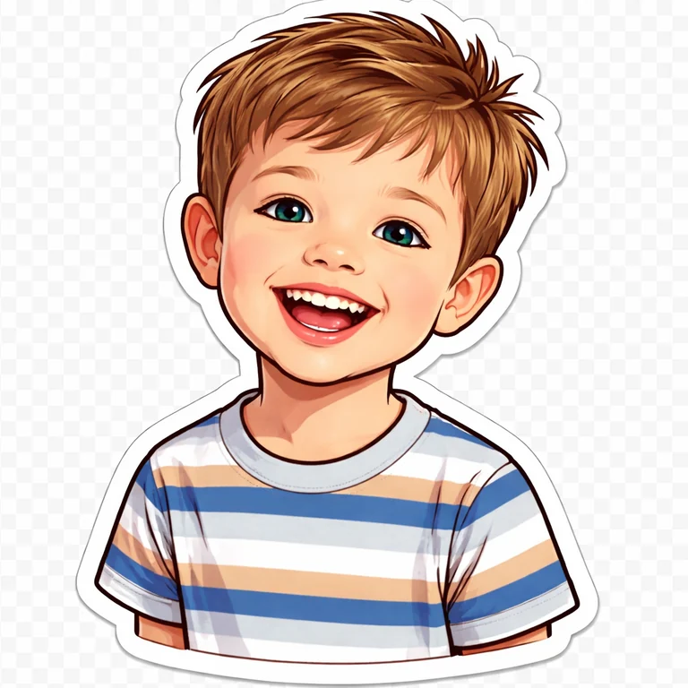 A photo of a boy turned into a die-cut sticker with a white border