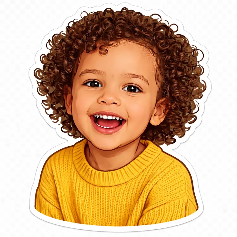 A photo of a curly-haired child turned into a die-cut sticker with a white border