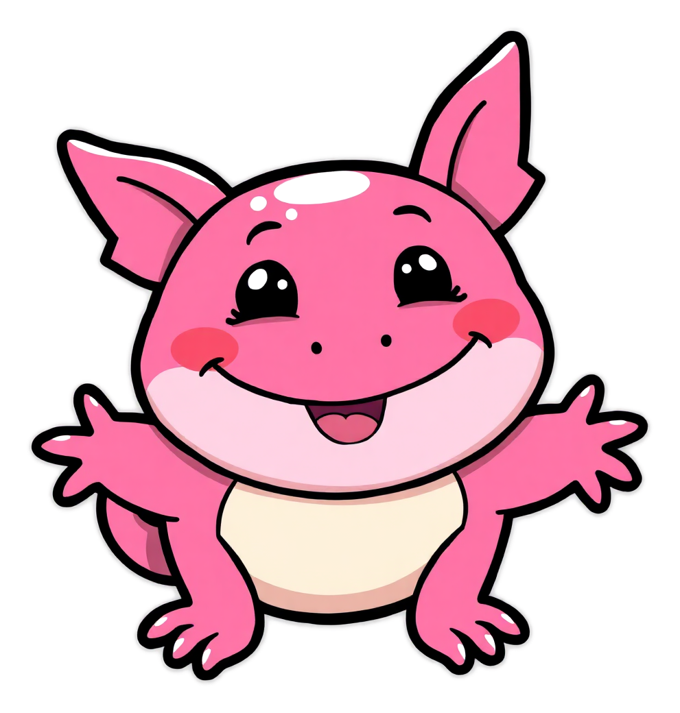 Smiling cartoon axolotl coloring page with thick black outlines and feathery head-gills, ready to print and color