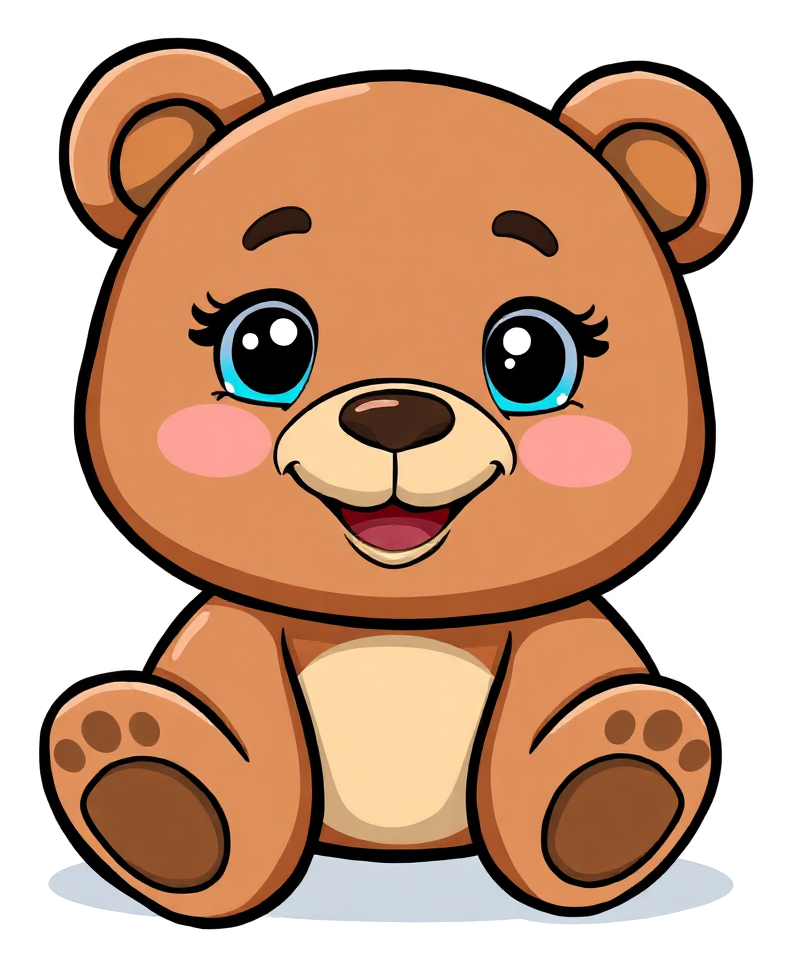 Friendly cartoon bear coloring page with a round tummy, soft ears and thick black outlines, ready to print and color