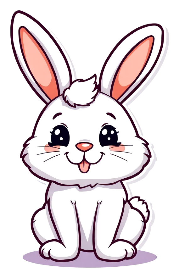 Friendly cartoon bunny coloring page with thick black outlines and soft floppy ears, sitting beside a carrot and a few simple flowers