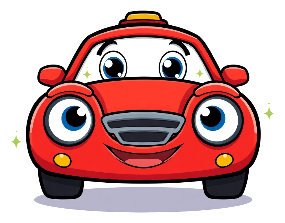 Cheerful cartoon car coloring page with thick black outlines, big round headlights and a smiling grille, half filled with crayon and half blank outline