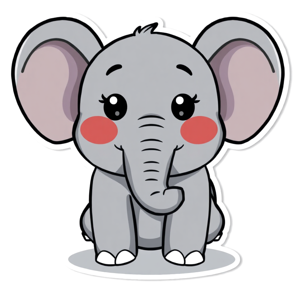Friendly cartoon elephant coloring page with big floppy ears, a curled trunk and thick black outlines, ready to print and color