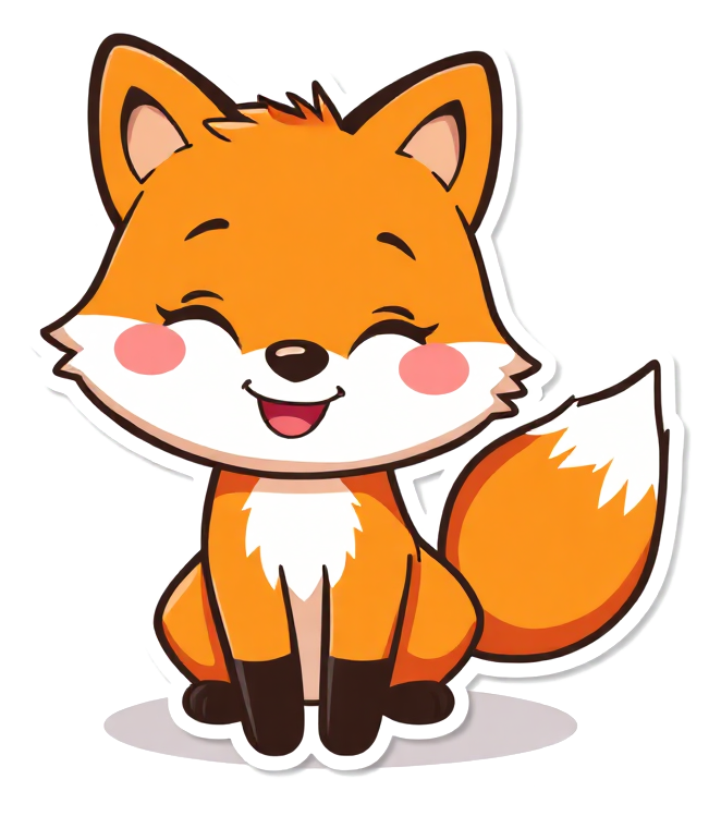 Cute cartoon fox coloring page with a bushy tail and big friendly eyes, drawn in thick black outlines ready to color