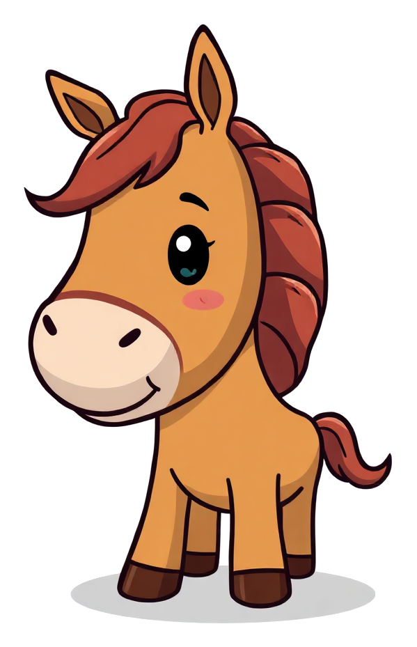 Friendly cartoon horse coloring page with a long flowing mane standing in a grassy field, drawn in thick black outlines with a few crayon colors added in one corner