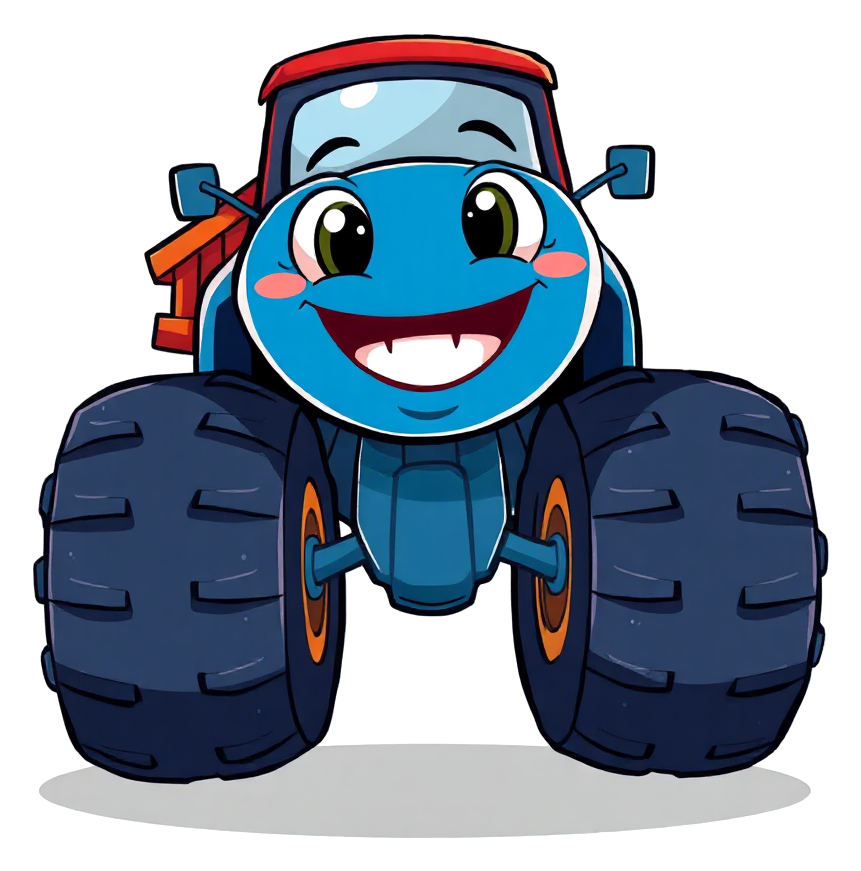 A monster truck coloring page with huge chunky tires and bold black outlines, mid-jump over a row of cars