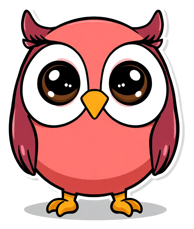 Friendly round-eyed cartoon owl coloring page with thick black outlines, perched on a leafy branch, a few feathers softly crayon-coloured