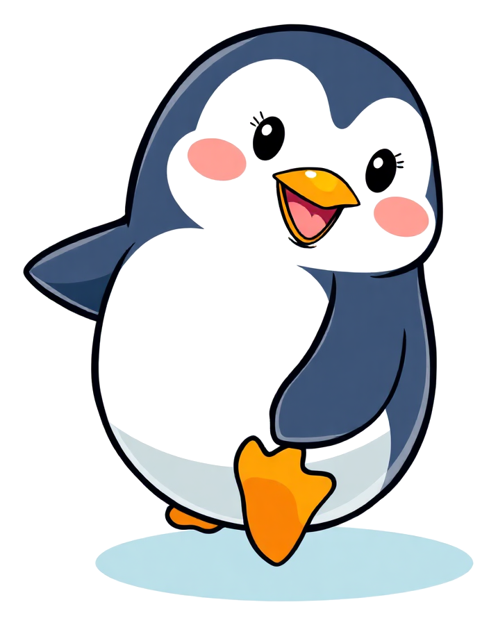 Friendly cartoon penguin coloring page with thick black outlines, standing on the ice beside a snowflake, ready to colour