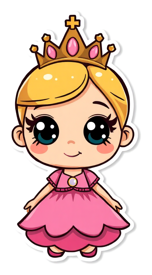 Friendly cartoon princess in a flowing ball gown and a small crown standing in front of a turreted castle — Hello Playdate free printable princess coloring page